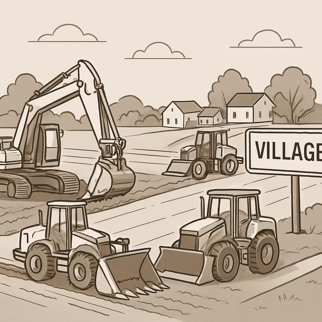 village development with construction equipment