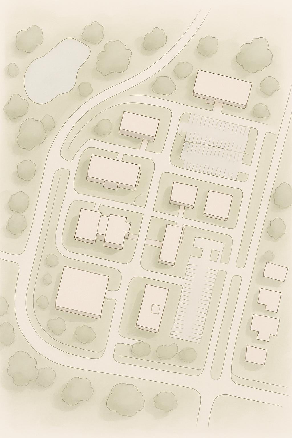 A small suburban neighborhood with houses, a large parking lot, and a few natural features such as trees and a pond.