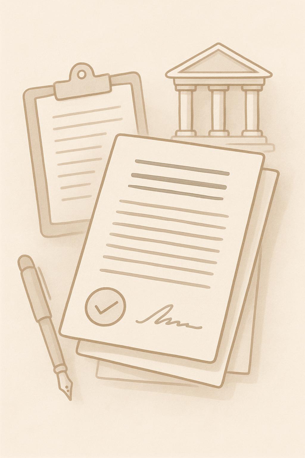 A clip board, two plumes, a pile of paperwork, and a landmark.