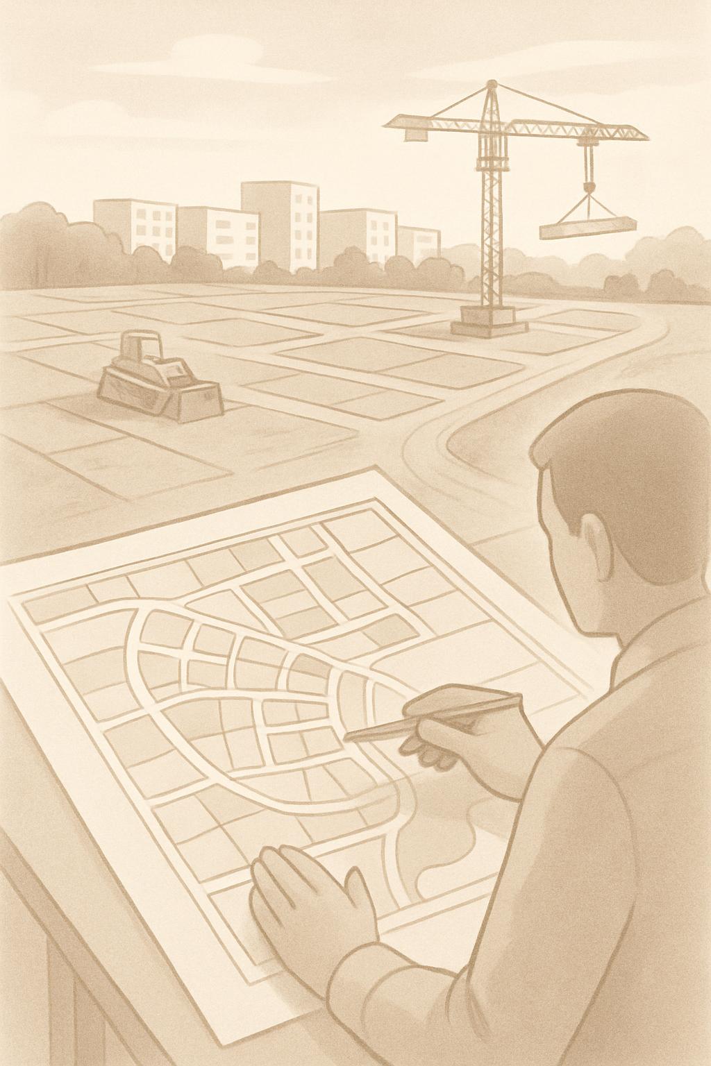 The city is being developed with the help of a map drawn by a man on a desk with buildings and a crane in the background.