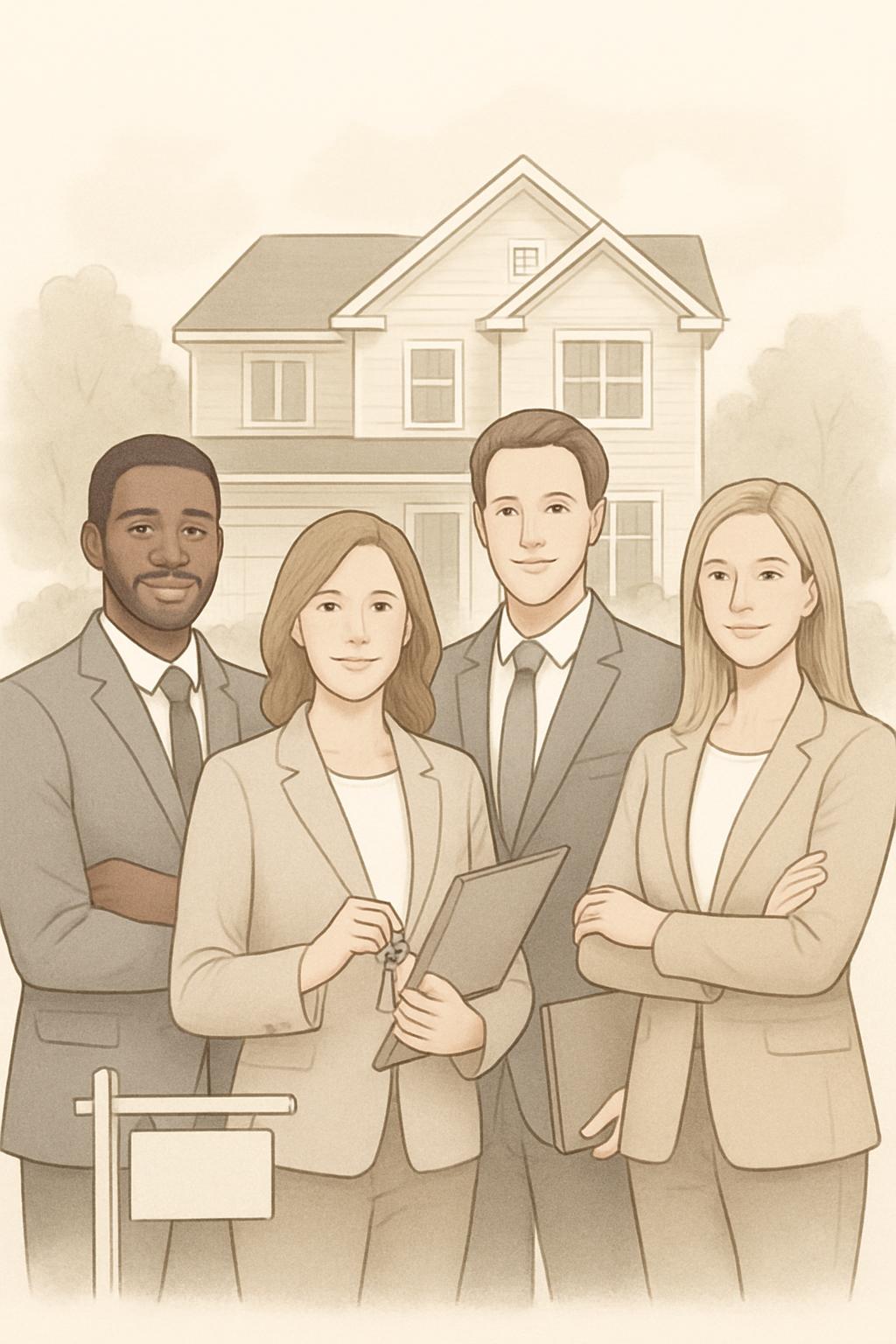 An illustration of a diverse group of real estate professionals standing in front of a house with a for sale sign.