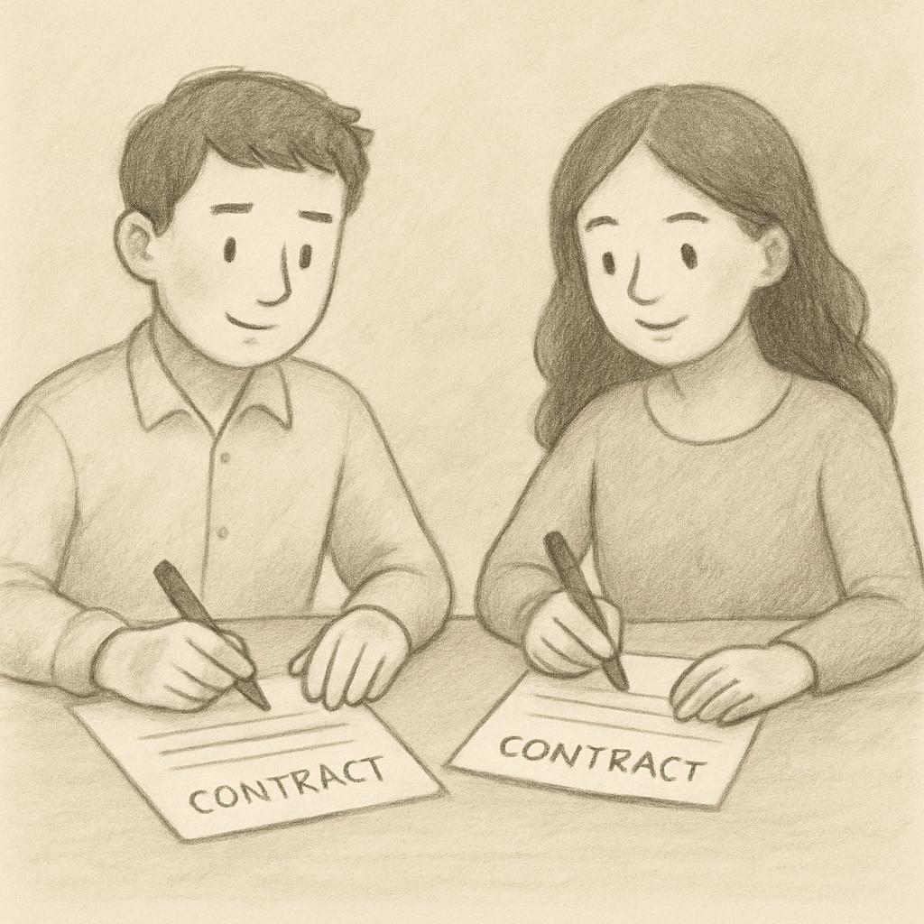 Two cartoon figures are depicted signing a written contract. Pictured on the left is a male, with short brown hair and a c...
