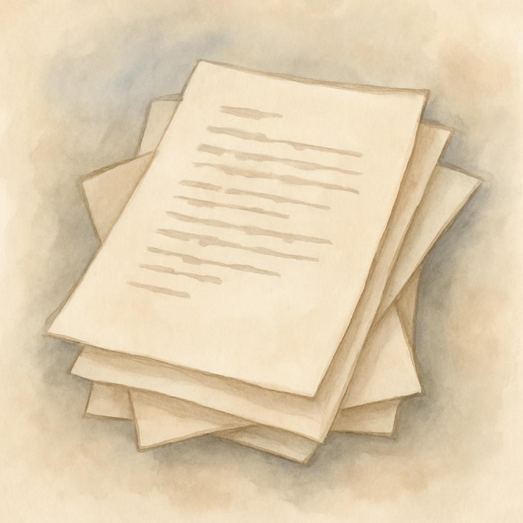A stack of aged, pale yellow papers with faded grey text.