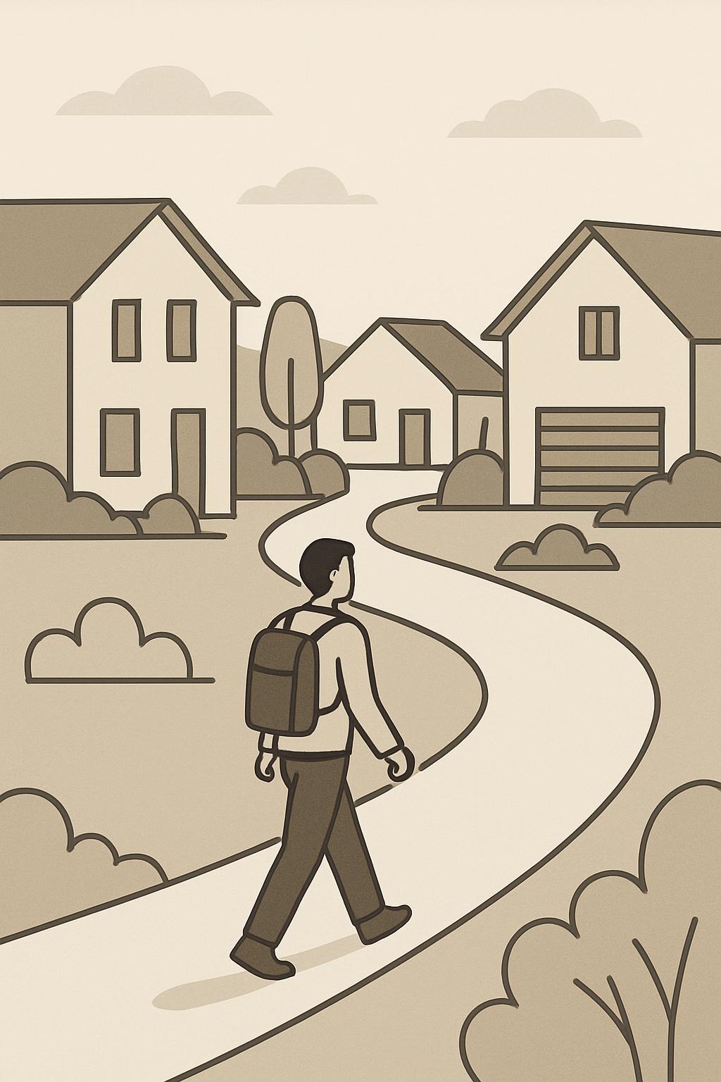 A cartoon man with dark hair, dressed in a long-sleeved shirt and dark pants, walks down a well-lit residential street ado...